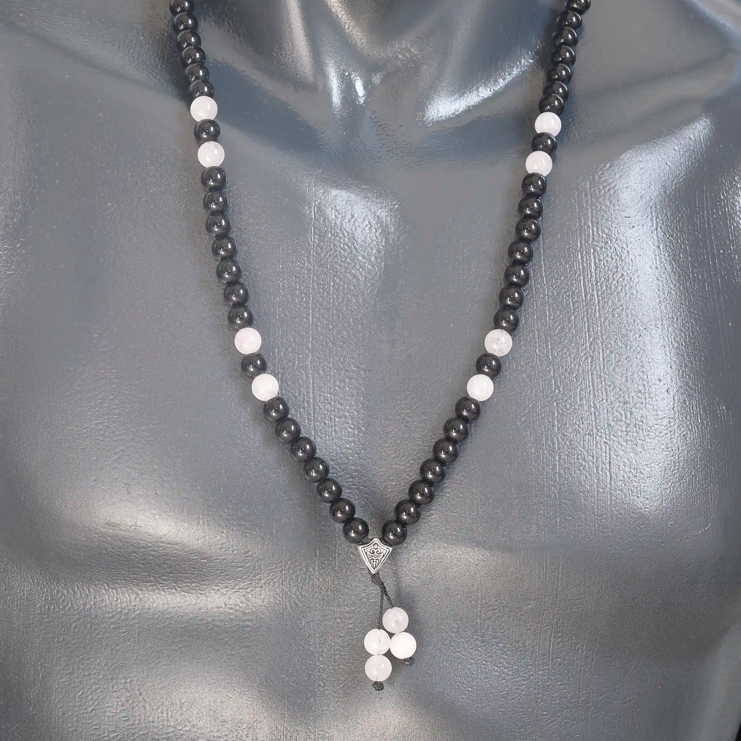 Natural Pink Quartz & Black Onyx Beaded 108 Mala & Rosary Necklace - ElisaJewelryArt