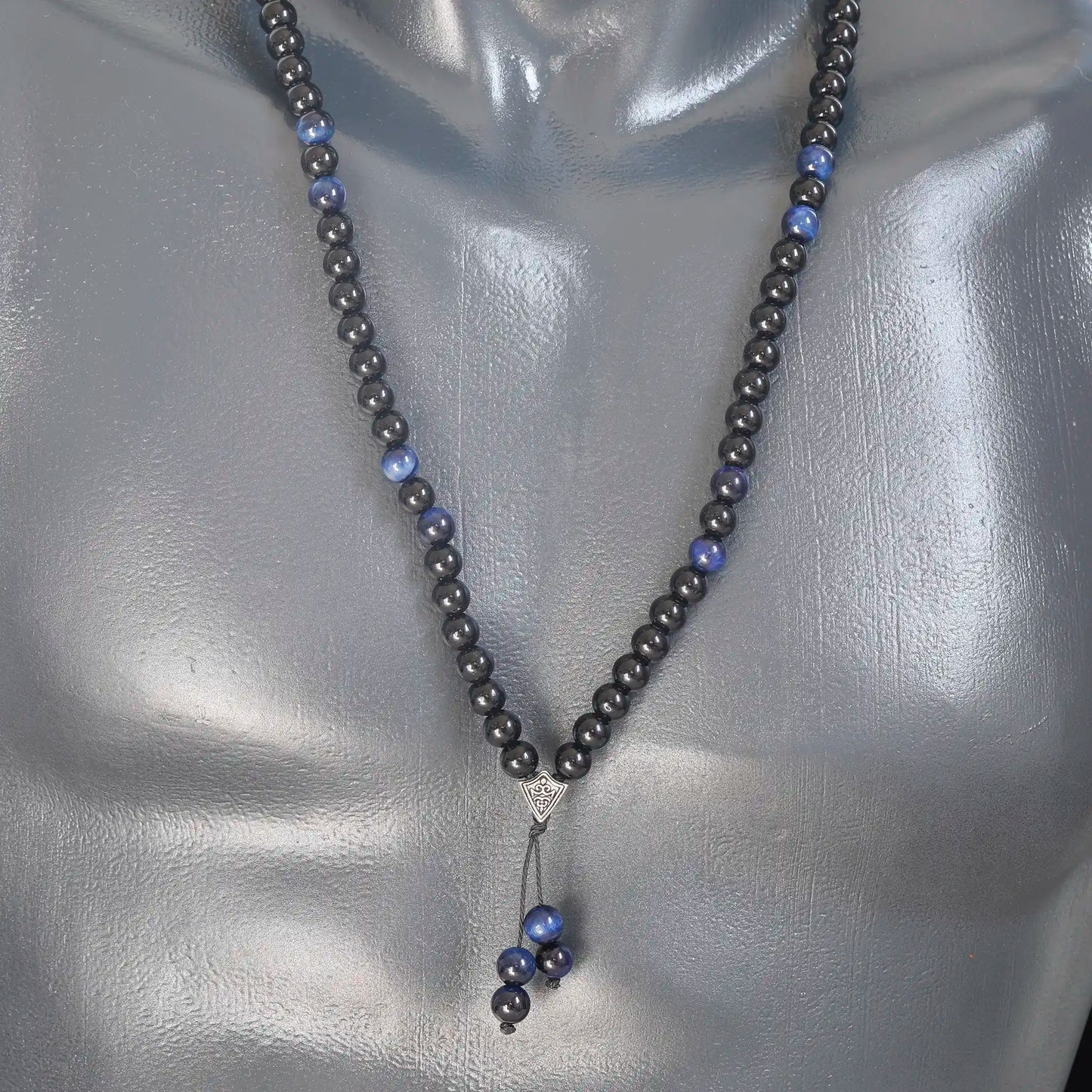 Natural Dark Blue Tiger Eye & Black Onyx Beaded 108 Mala & Rosary Necklace