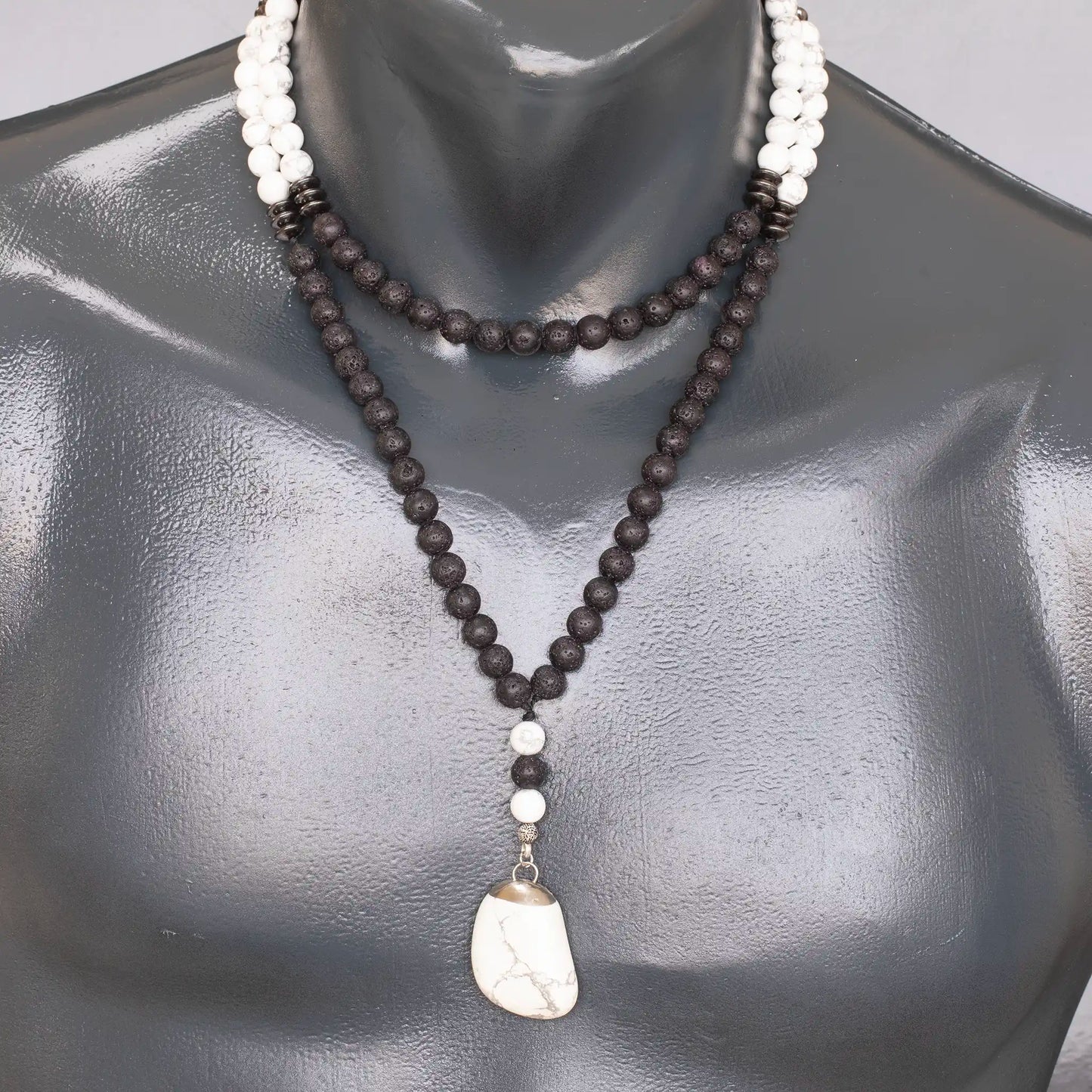 Natural Tumbled Howlite Pendant, Howlite & Lava Stone Beaded 108 Mala Necklace