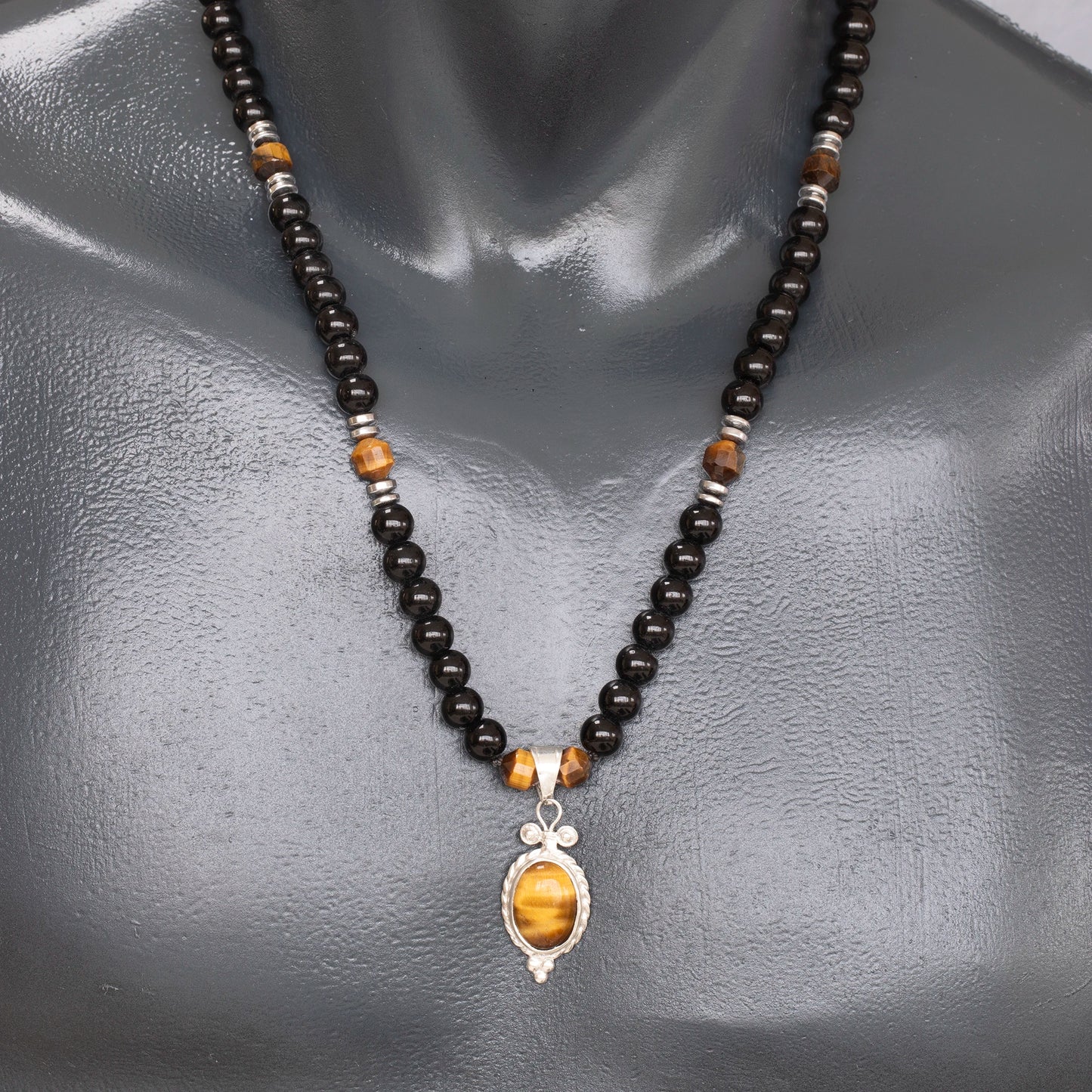 Natural Tiger Eye Silver Pendant, Natural Tiger Eye & Black Onyx Beaded Clasp Necklace