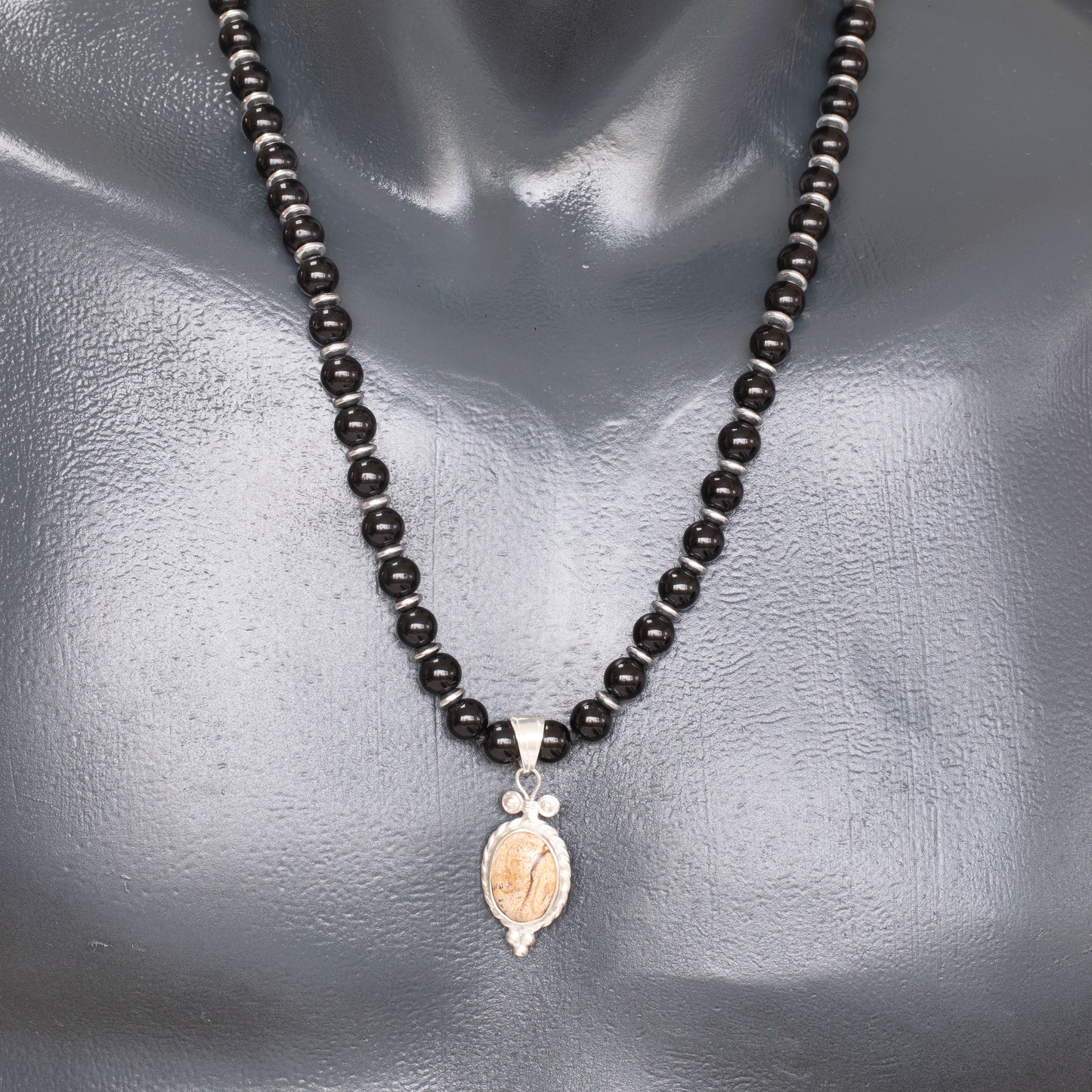 Natural Picture Jasper Silver Pendant, Natural Black Onyx Beaded Clasp Necklace