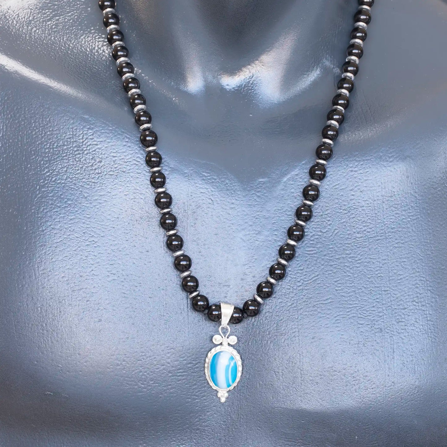 Natural Blue Agate Silver Pendant, Natural Black Onyx Beaded Clasp Necklace