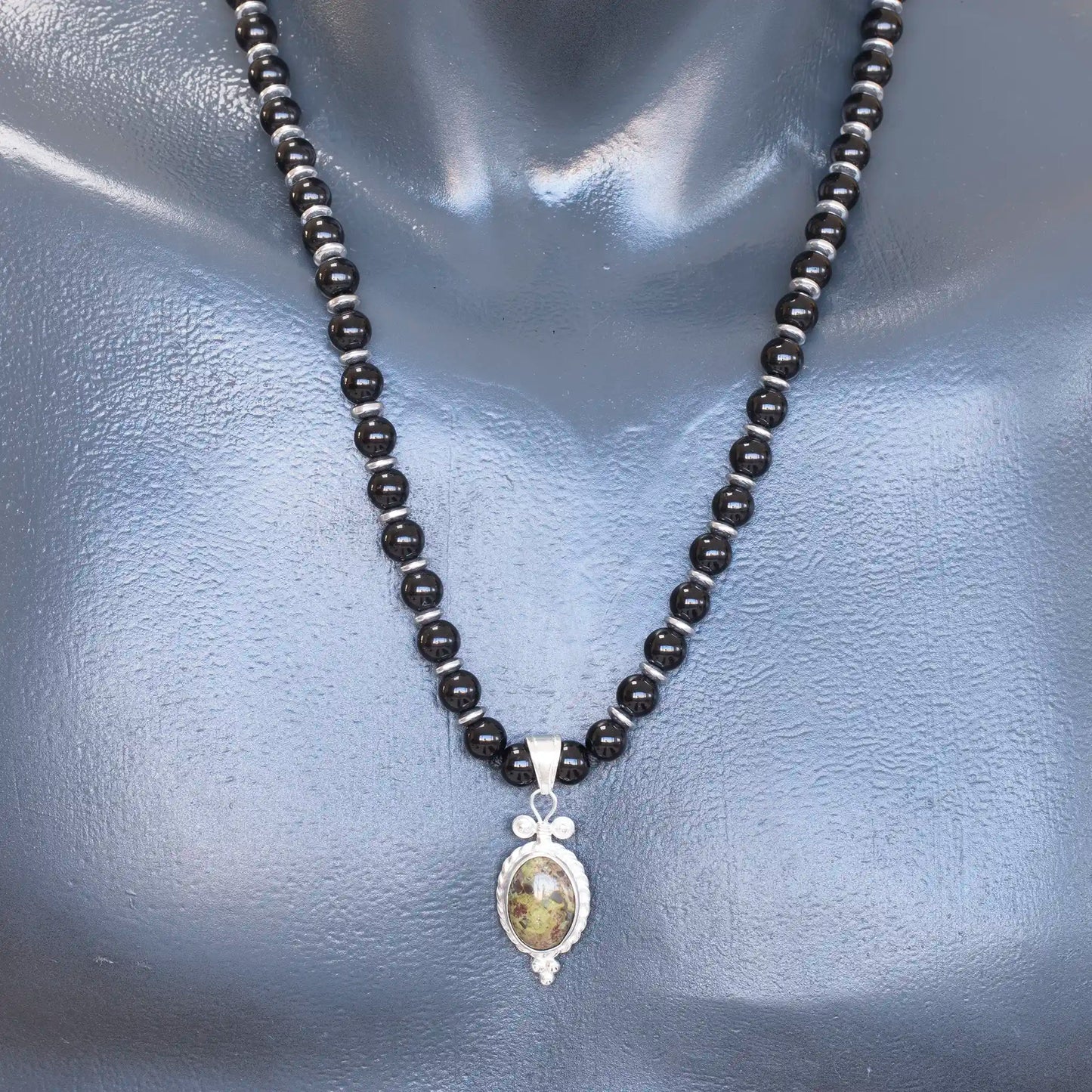 Natural Bloodstone Silver Pendant, Natural Black Onyx Beaded Clasp Necklace