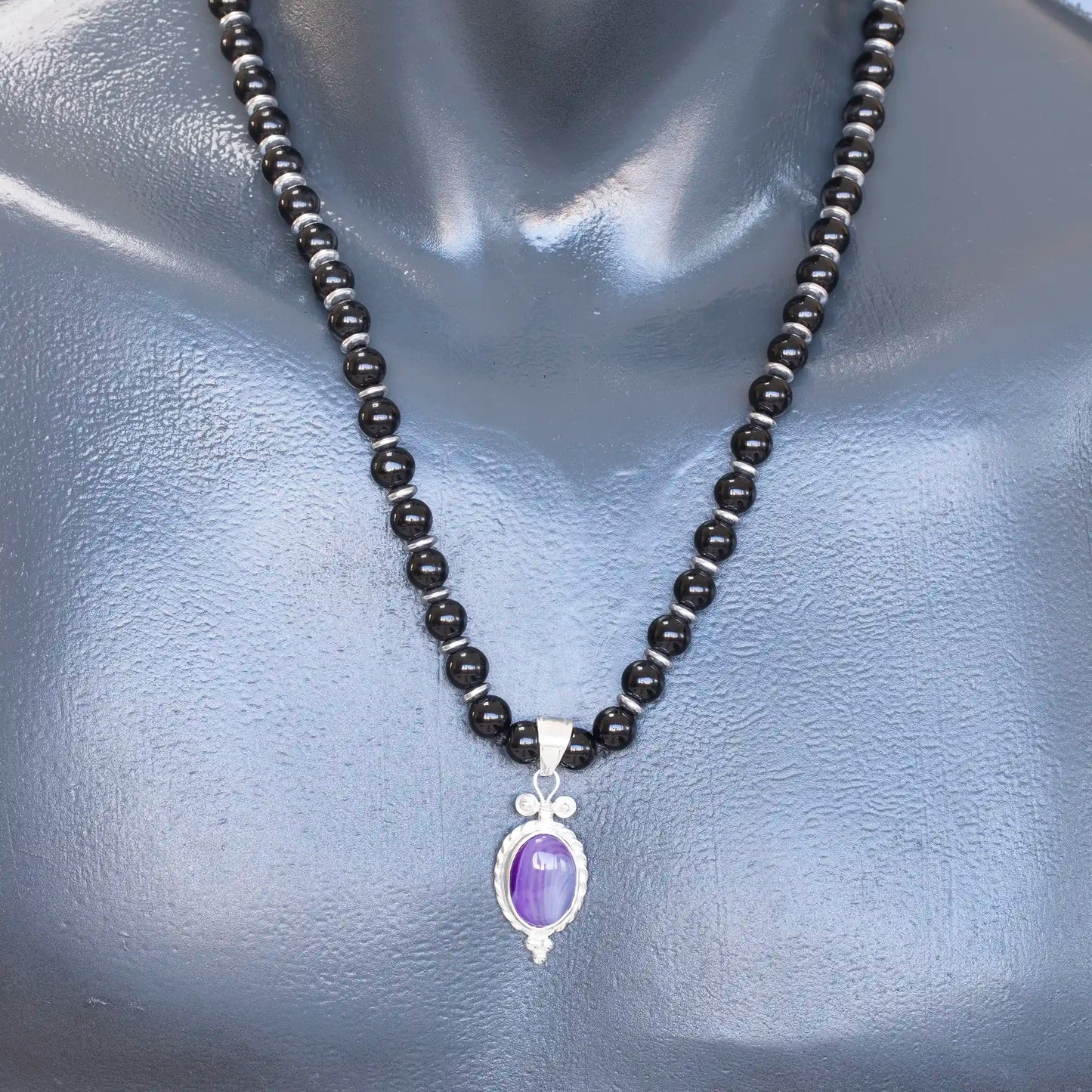Natural Purple Agate Silver Pendant, Natural Black Onyx Beaded Clasp Necklace
