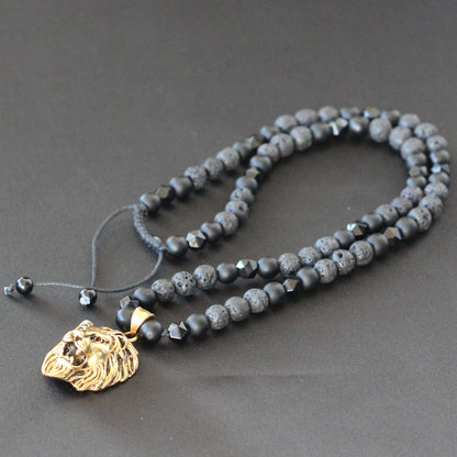 Brass Lion Pendant, Natural Black Onyx & Lava Stone Beaded Macrame Necklace - ElisaJewelryArt