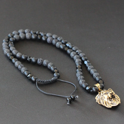 Brass Lion Pendant, Natural Black Onyx & Lava Stone Beaded Macrame Necklace - ElisaJewelryArt