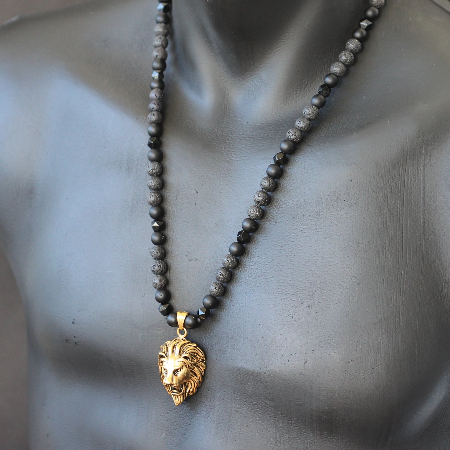 Brass Lion Pendant, Natural Black Onyx & Lava Stone Beaded Macrame Necklace - ElisaJewelryArt