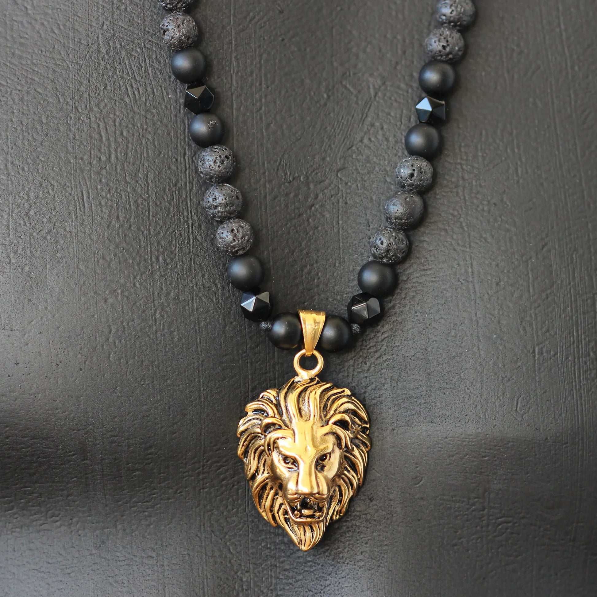 Brass Lion Pendant, Natural Black Onyx & Lava Stone Beaded Macrame Necklace - ElisaJewelryArt