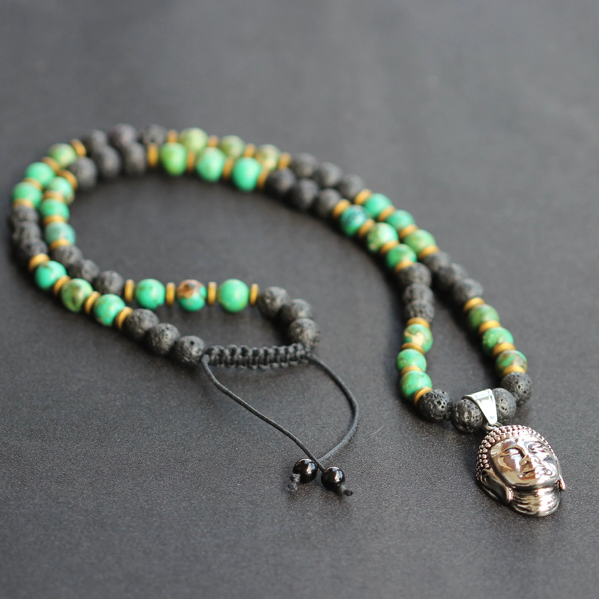 Brass Buddha Pendant, Natural Green Turquoise & Lava Stone Beaded Macrame Necklace - ElisaJewelryArt