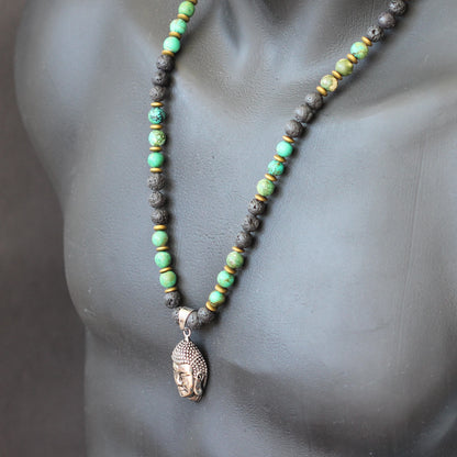 Brass Buddha Pendant, Natural Green Turquoise & Lava Stone Beaded Macrame Necklace - ElisaJewelryArt