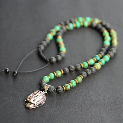 Brass Buddha Pendant, Natural Green Turquoise & Lava Stone Beaded Macrame Necklace - ElisaJewelryArt