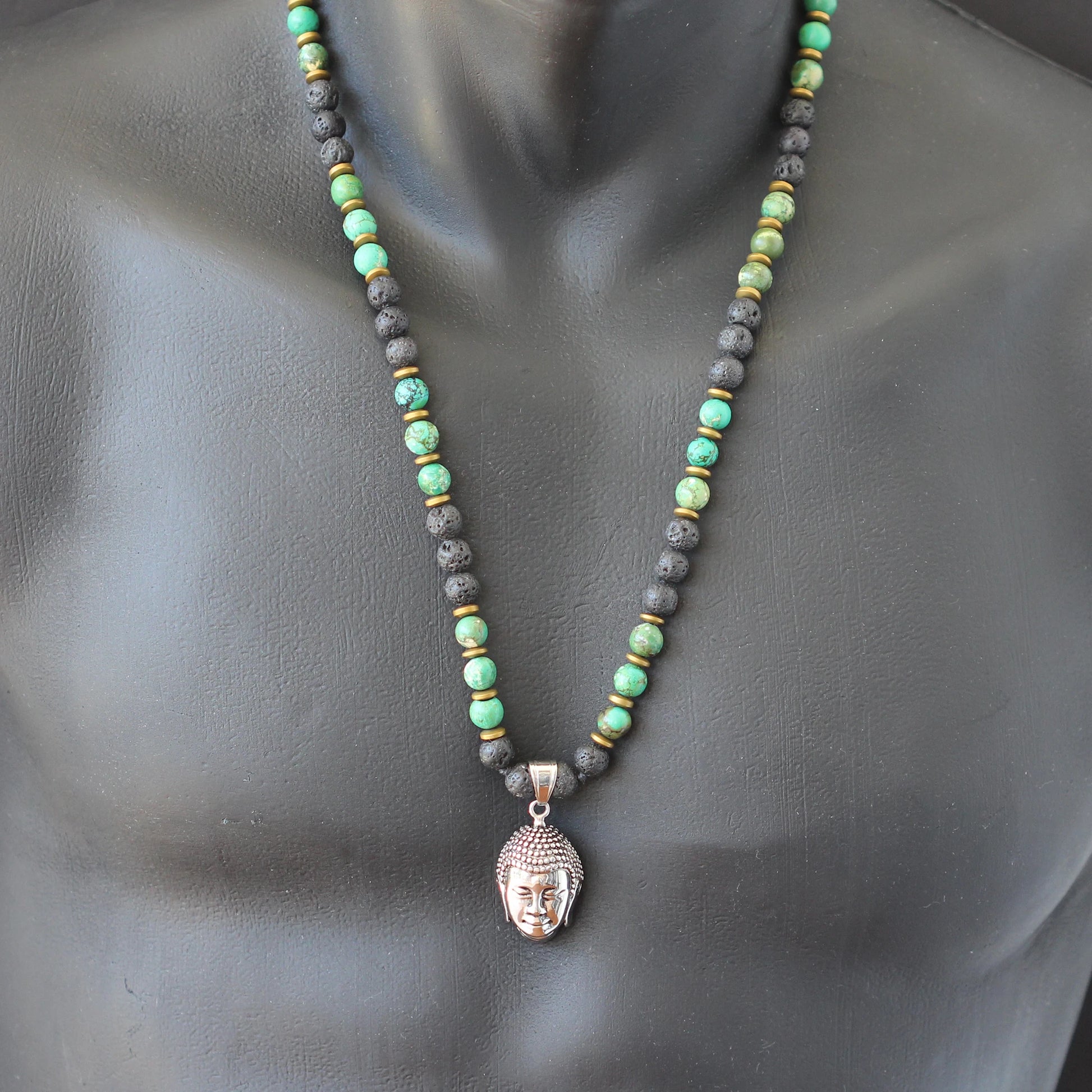 Brass Buddha Pendant, Natural Green Turquoise & Lava Stone Beaded Macrame Necklace - ElisaJewelryArt