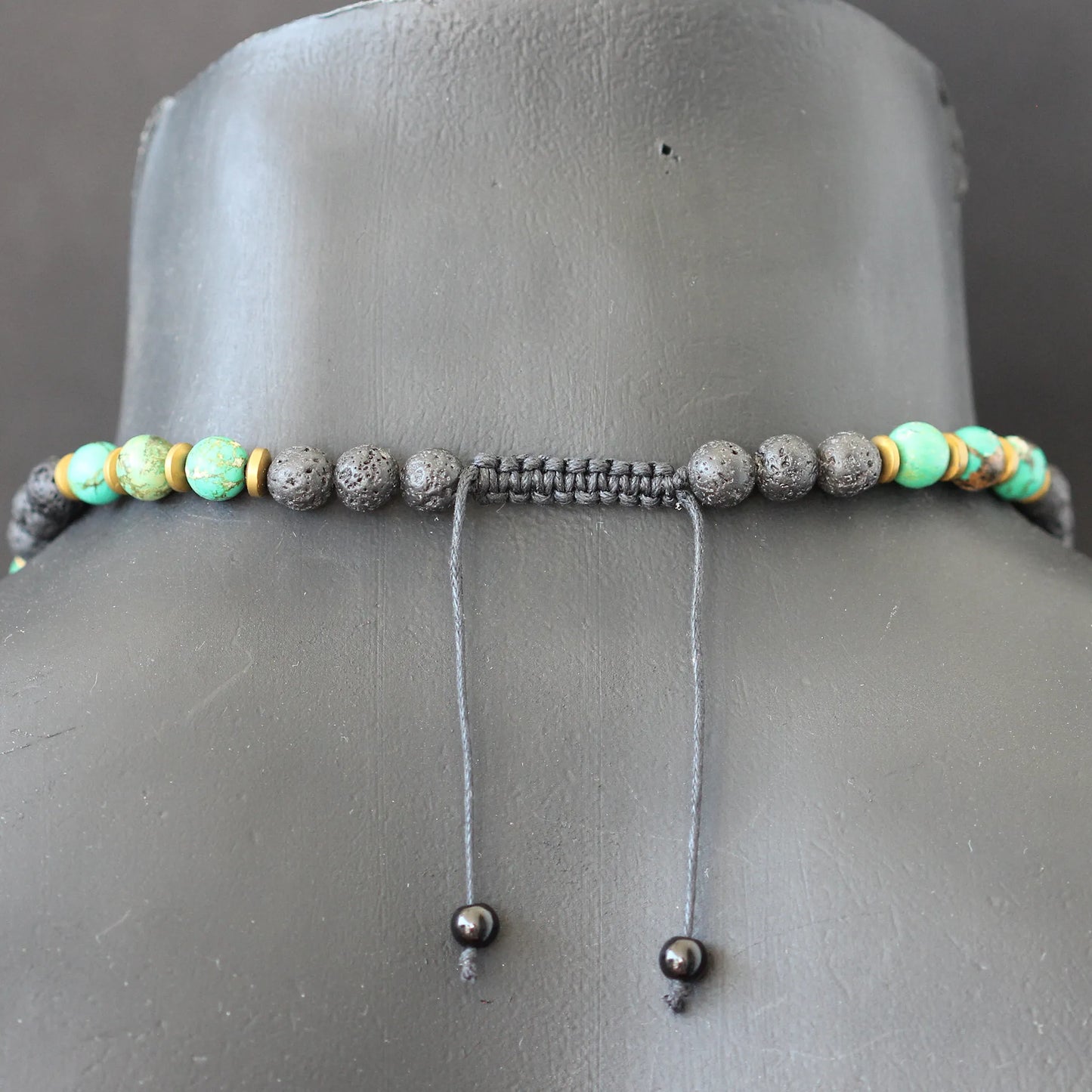 Brass Buddha Pendant, Natural Green Turquoise & Lava Stone Beaded Macrame Necklace - ElisaJewelryArt