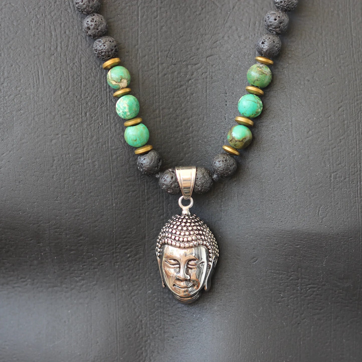 Brass Buddha Pendant, Natural Green Turquoise & Lava Stone Beaded Macrame Necklace - ElisaJewelryArt