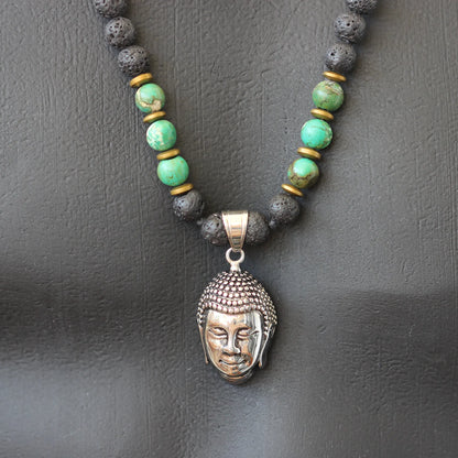 Brass Buddha Pendant, Natural Green Turquoise & Lava Stone Beaded Macrame Necklace - ElisaJewelryArt