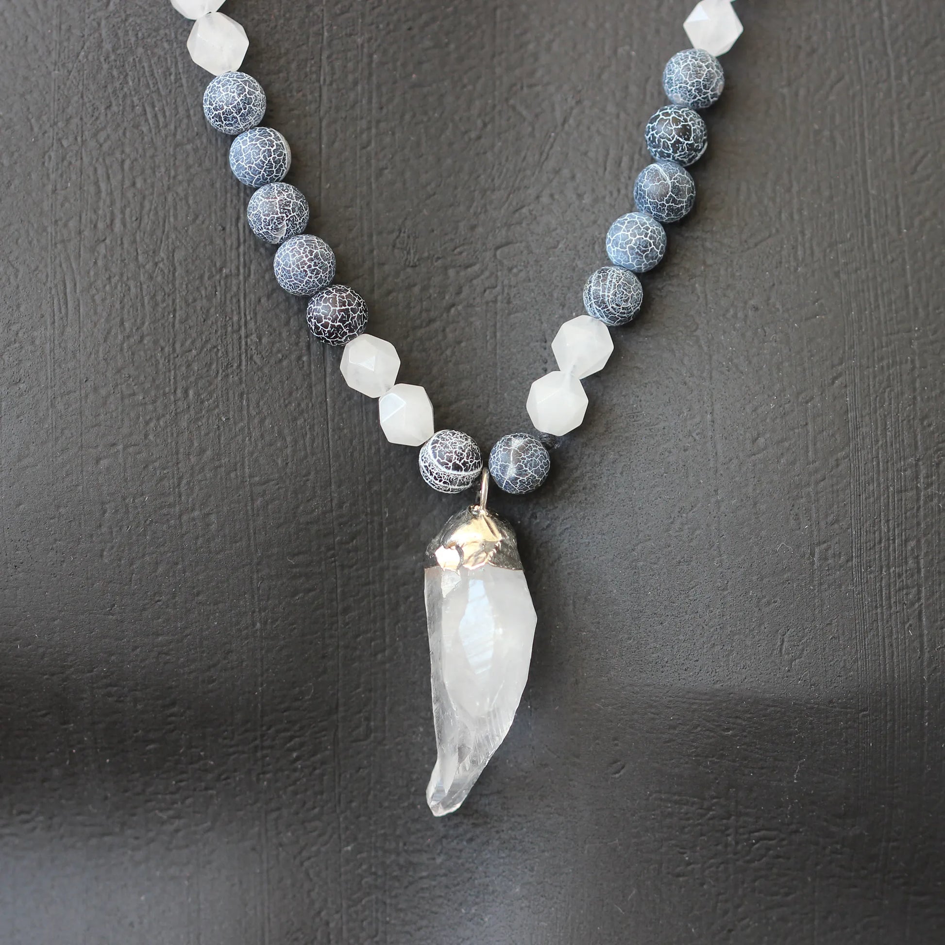 Natural Raw Quartz Pendant, Quartz & Crackled Matte Blue Agate Beaded Macrame Necklace - ElisaJewelryArt