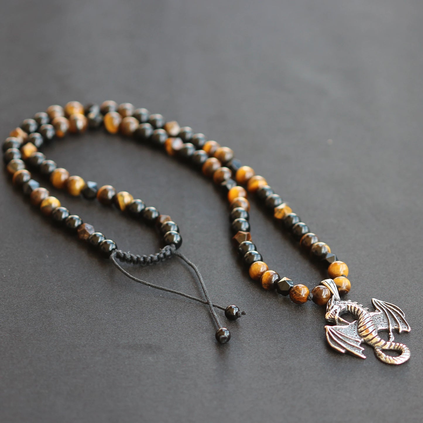 Stainless Steel Dragon Pendant, Natural Tiger Eye & Black Onyx Beaded Macrame Necklace - ElisaJewelryArt