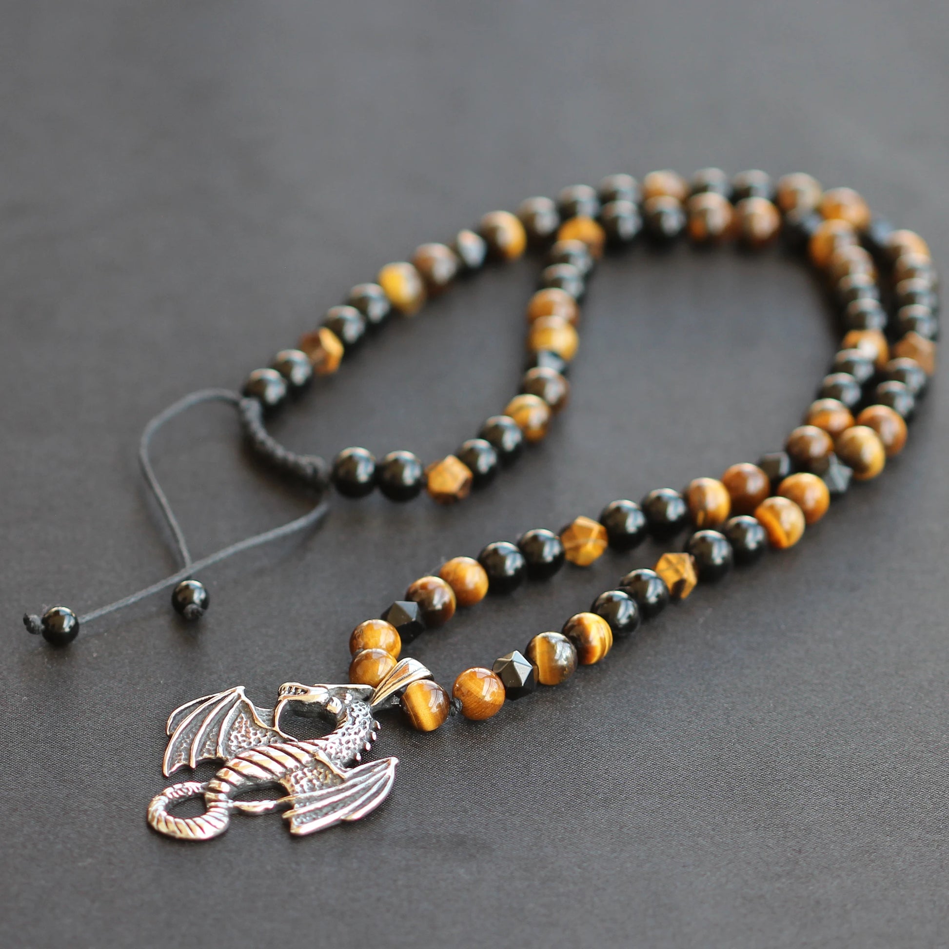 Stainless Steel Dragon Pendant, Natural Tiger Eye & Black Onyx Beaded Macrame Necklace - ElisaJewelryArt