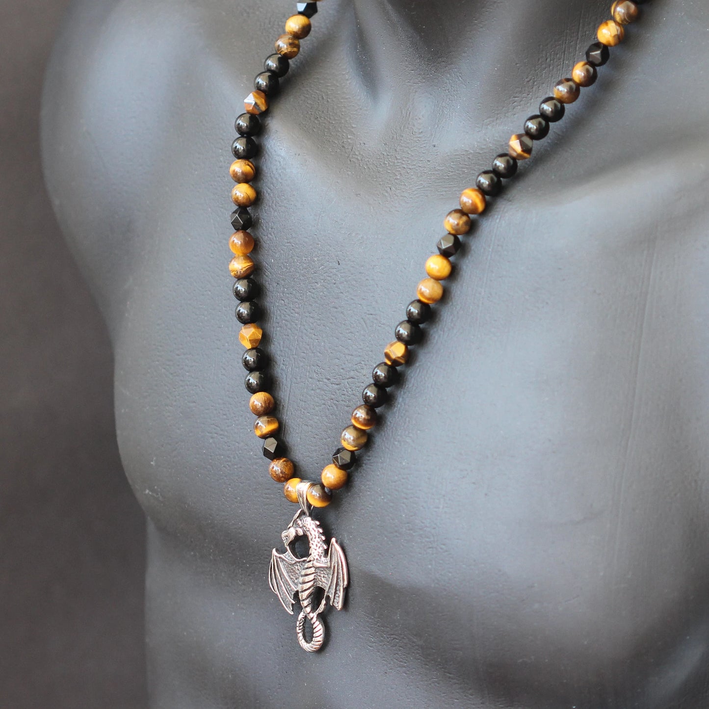 Stainless Steel Dragon Pendant, Natural Tiger Eye & Black Onyx Beaded Macrame Necklace - ElisaJewelryArt