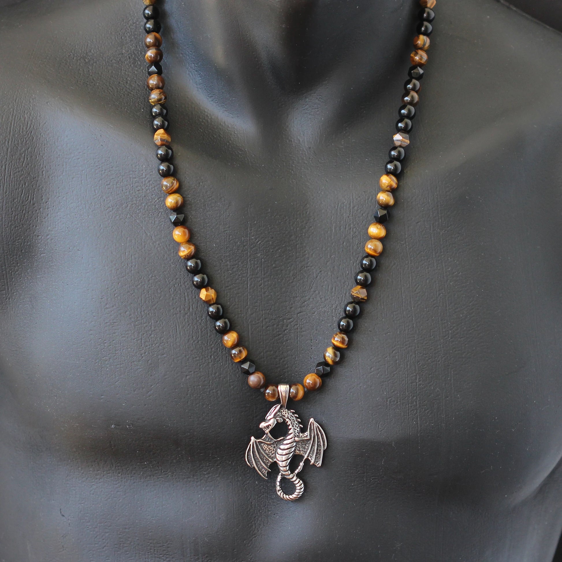 Stainless Steel Dragon Pendant, Natural Tiger Eye & Black Onyx Beaded Macrame Necklace - ElisaJewelryArt