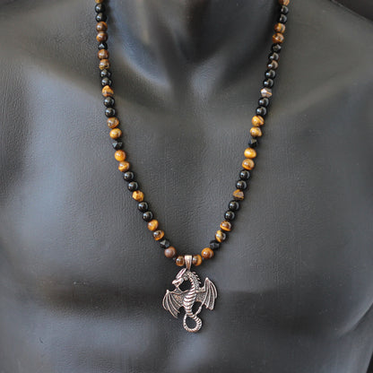 Stainless Steel Dragon Pendant, Natural Tiger Eye & Black Onyx Beaded Macrame Necklace - ElisaJewelryArt