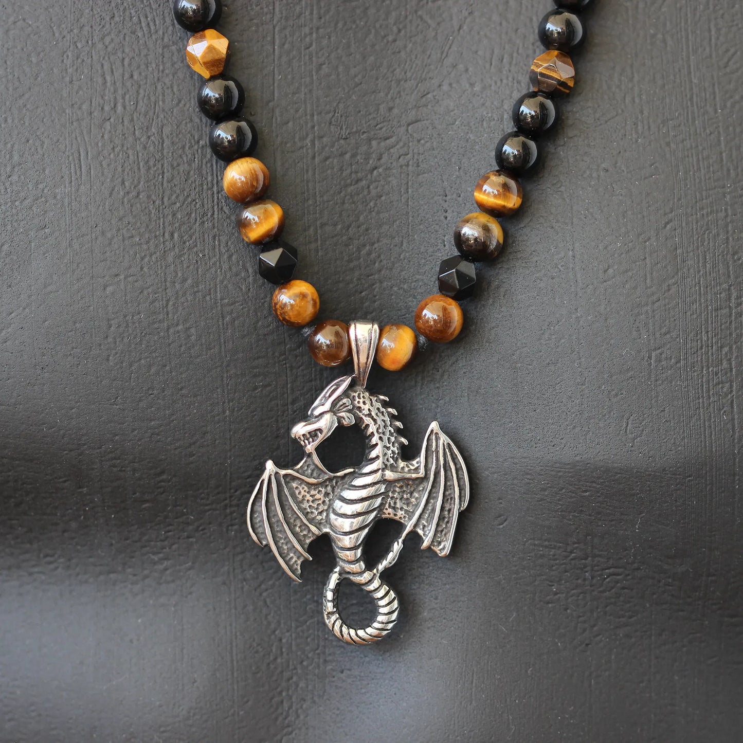 Stainless Steel Dragon Pendant, Natural Tiger Eye & Black Onyx Beaded Macrame Necklace - ElisaJewelryArt