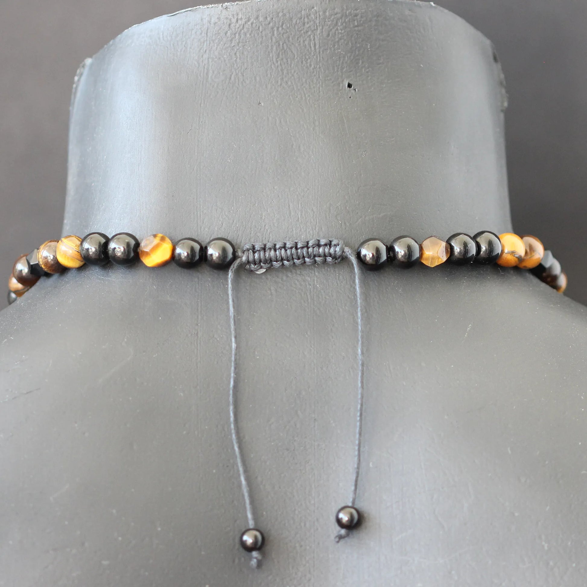 Stainless Steel Dragon Pendant, Natural Tiger Eye & Black Onyx Beaded Macrame Necklace - ElisaJewelryArt