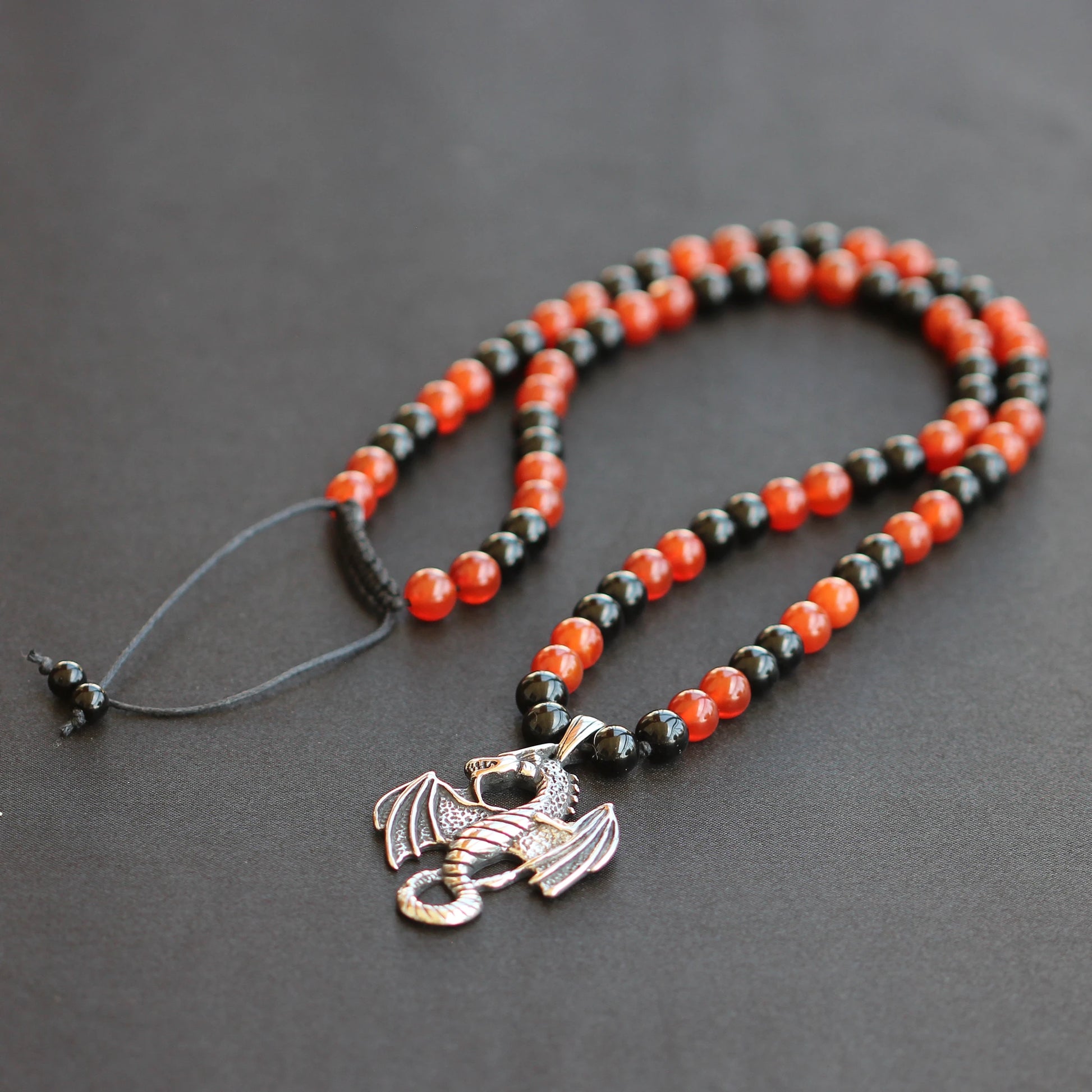 Stainless Steel Dragon Pendant, Natural Fire Agate & Black Onyx Beaded Macrame Necklace - ElisaJewelryArt