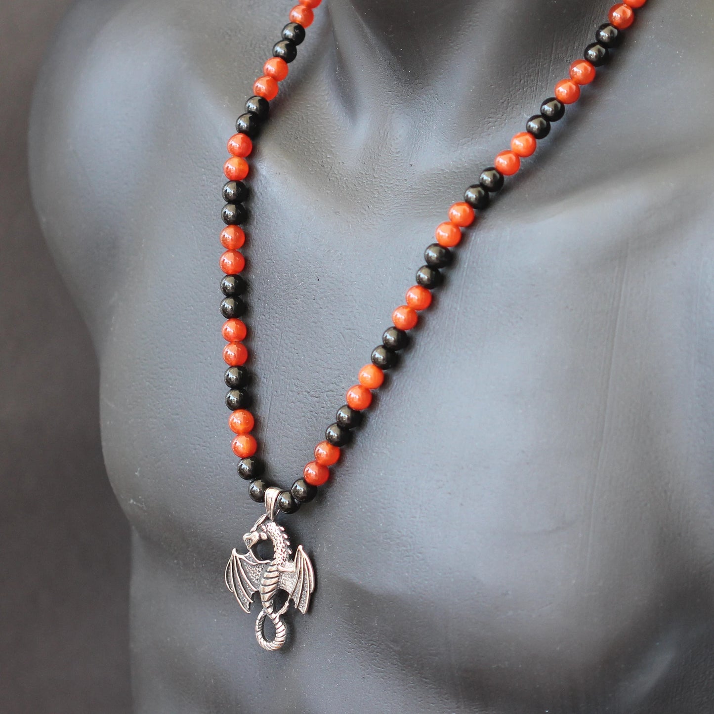 Stainless Steel Dragon Pendant, Natural Fire Agate & Black Onyx Beaded Macrame Necklace - ElisaJewelryArt