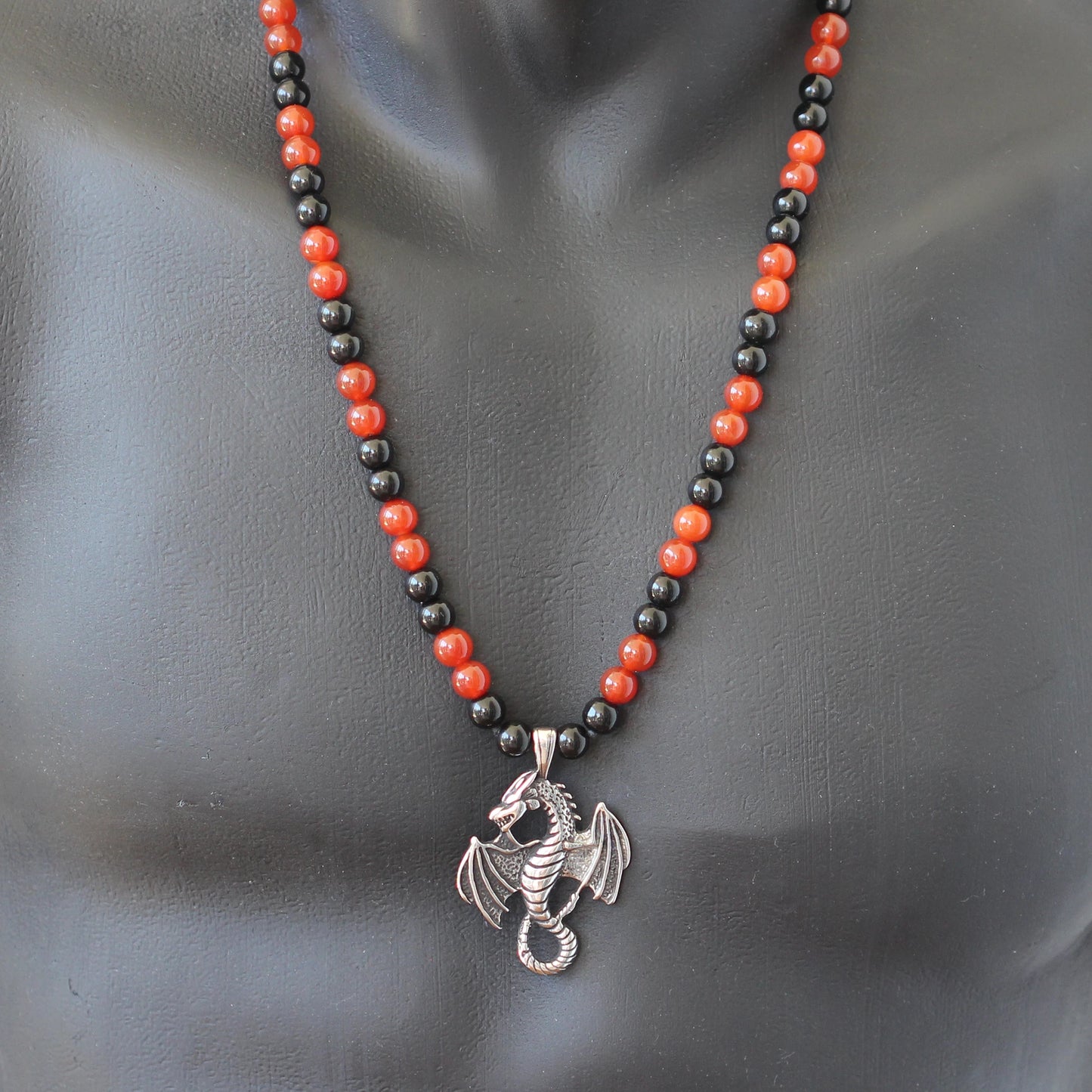 Stainless Steel Dragon Pendant, Natural Fire Agate & Black Onyx Beaded Macrame Necklace - ElisaJewelryArt