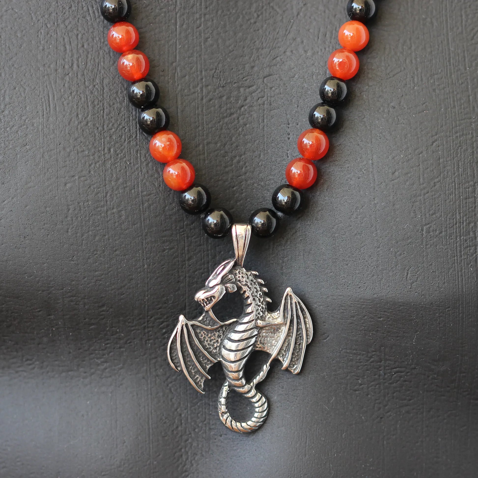 Stainless Steel Dragon Pendant, Natural Fire Agate & Black Onyx Beaded Macrame Necklace - ElisaJewelryArt