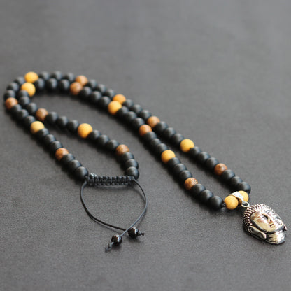 Stainless Steel Buddha Pendant, Natural Sandalwood & Matte Black Onyx Beaded Macrame Necklace - ElisaJewelryArt