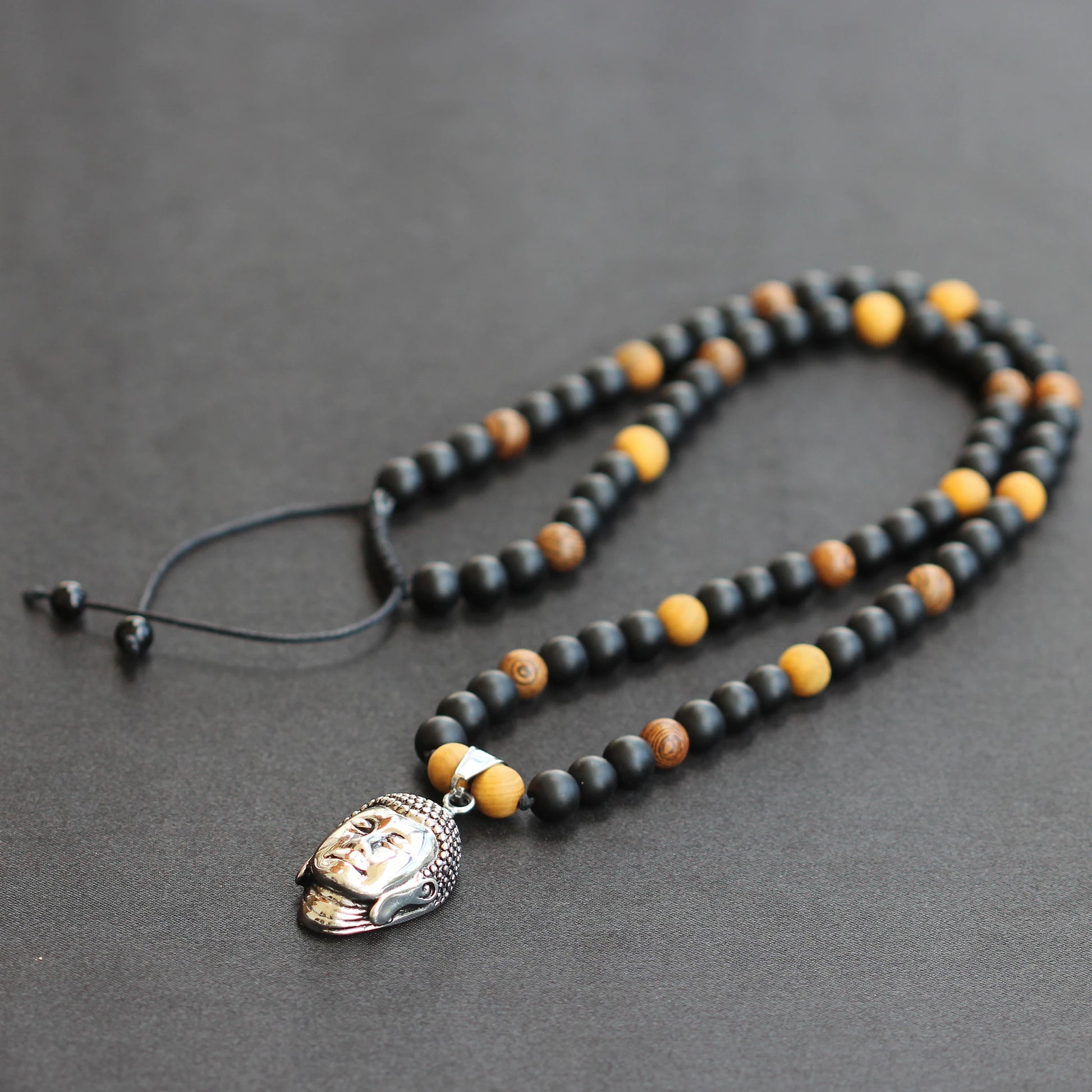 Stainless Steel Buddha Pendant, Natural Sandalwood & Matte Black Onyx Beaded Macrame Necklace - ElisaJewelryArt