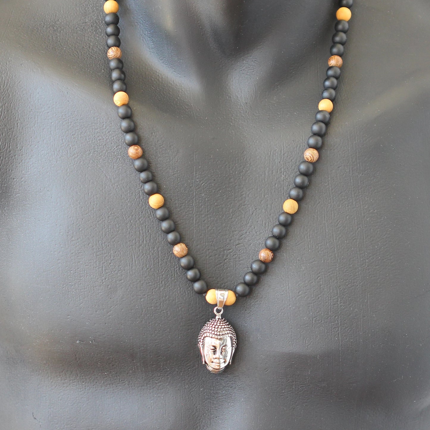 Stainless Steel Buddha Pendant, Natural Sandalwood & Matte Black Onyx Beaded Macrame Necklace - ElisaJewelryArt