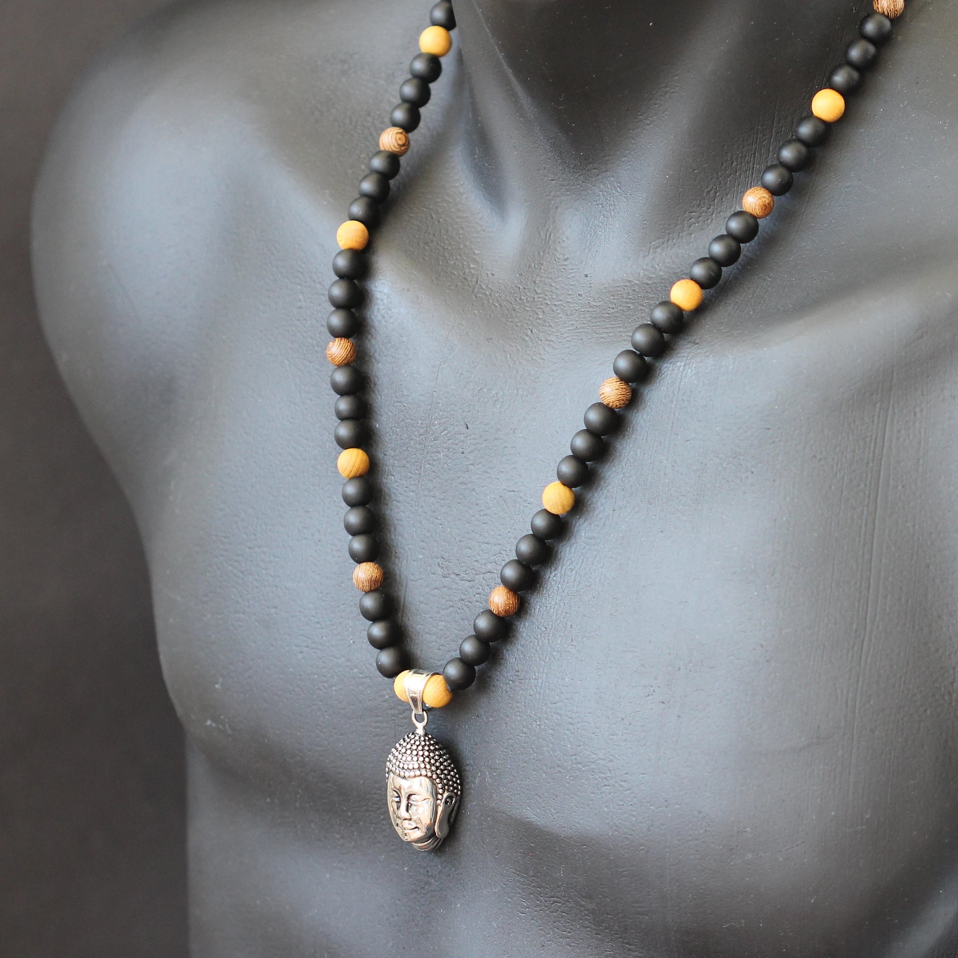 Stainless Steel Buddha Pendant, Natural Sandalwood & Matte Black Onyx Beaded Macrame Necklace - ElisaJewelryArt