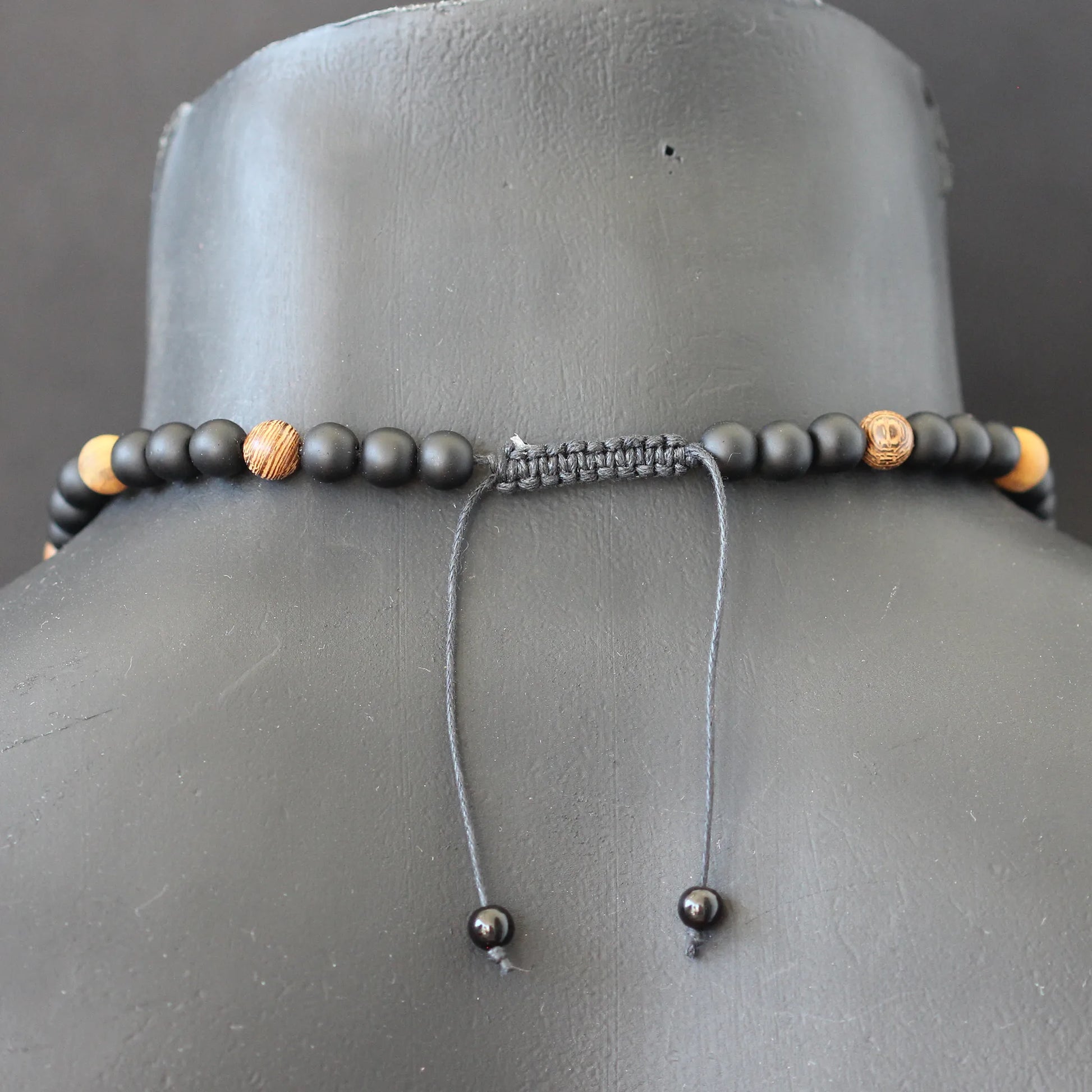 Stainless Steel Buddha Pendant, Natural Sandalwood & Matte Black Onyx Beaded Macrame Necklace - ElisaJewelryArt