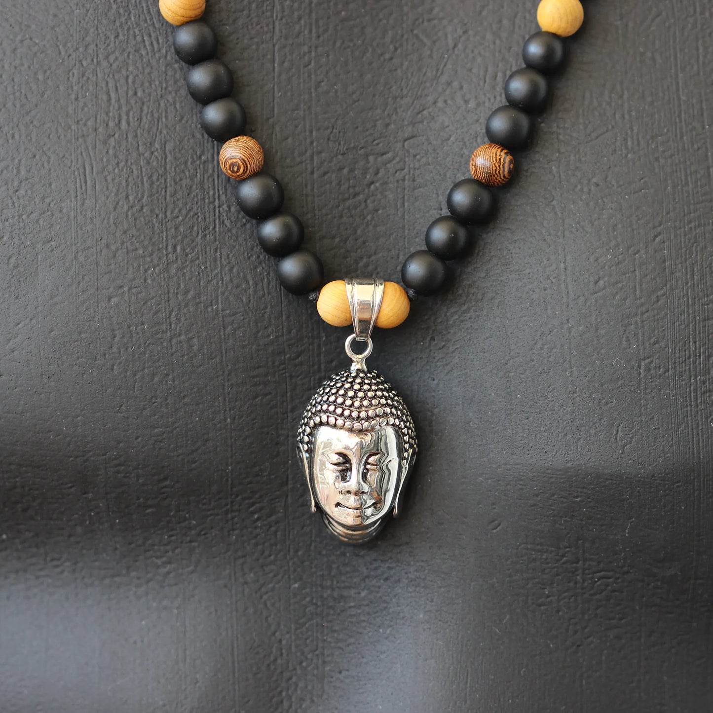 Stainless Steel Buddha Pendant, Natural Sandalwood & Matte Black Onyx Beaded Macrame Necklace - ElisaJewelryArt