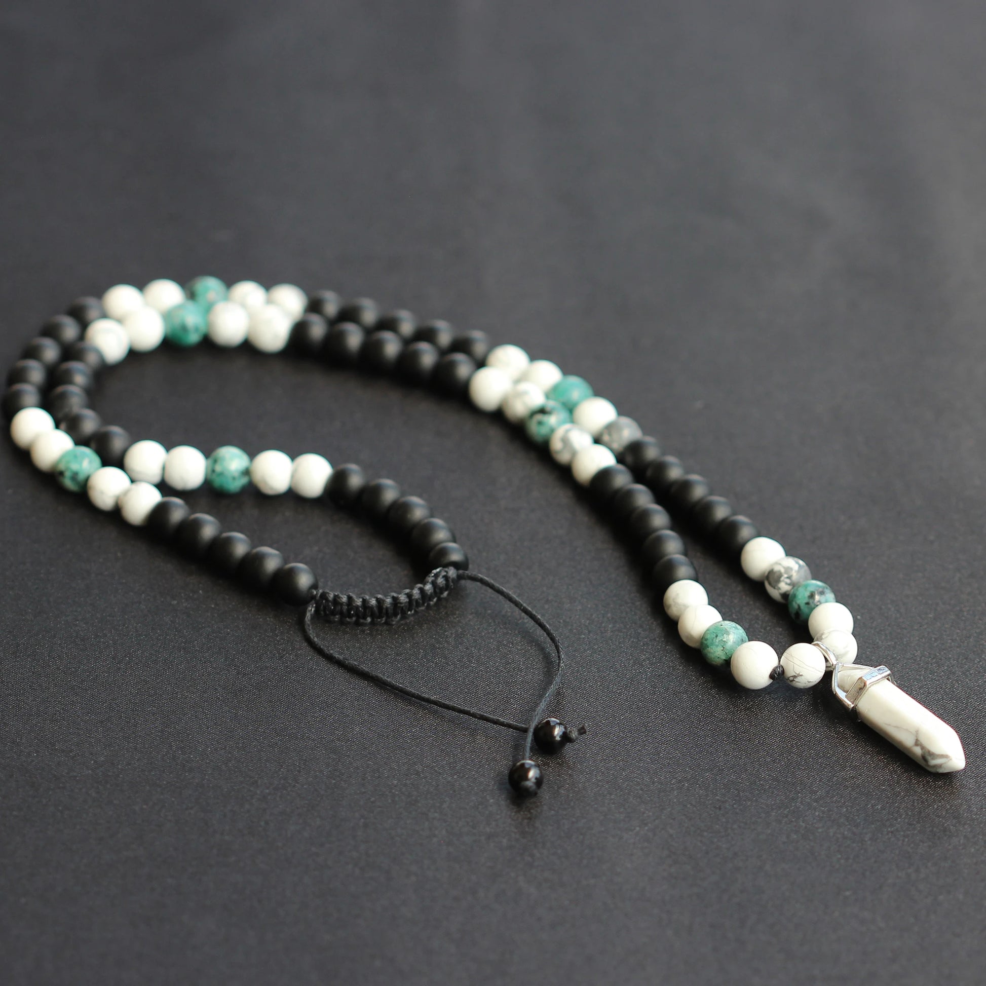 Natural Howlite Pointed Pendant, Howlite & Light Blue Jade & Matte Black Onyx Beaded Macrame Necklace - ElisaJewelryArt