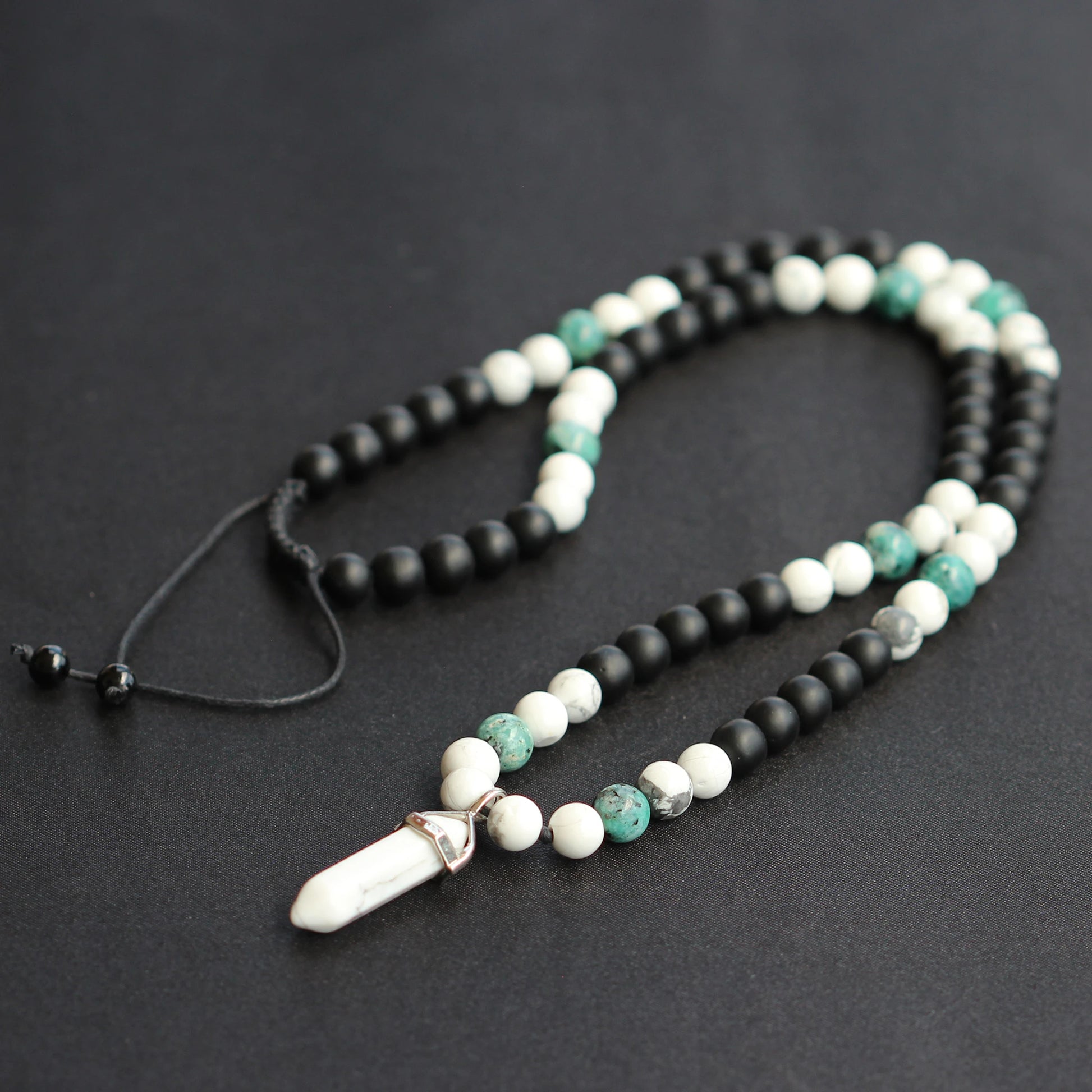 Natural Howlite Pointed Pendant, Howlite & Light Blue Jade & Matte Black Onyx Beaded Macrame Necklace - ElisaJewelryArt