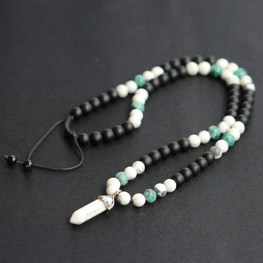 Natural Howlite Pointed Pendant, Howlite & Light Blue Jade & Matte Black Onyx Beaded Macrame Necklace - ElisaJewelryArt