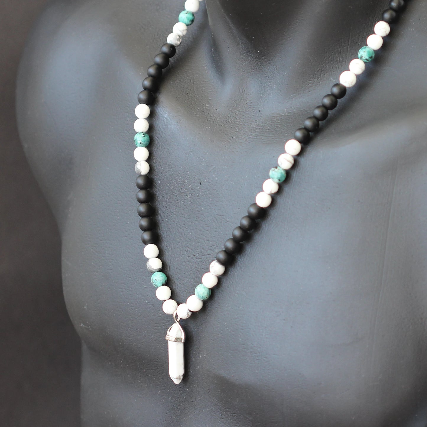 Natural Howlite Pointed Pendant, Howlite & Light Blue Jade & Matte Black Onyx Beaded Macrame Necklace - ElisaJewelryArt