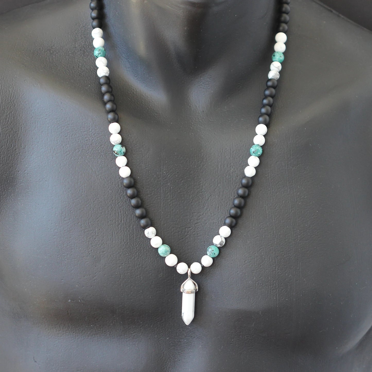 Natural Howlite Pointed Pendant, Howlite & Light Blue Jade & Matte Black Onyx Beaded Macrame Necklace - ElisaJewelryArt