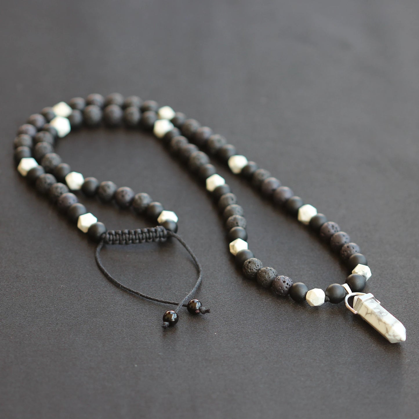 Natural Howlite Pointed Pendant, Howlite & Black Onyx & Lava Stone Beaded Macrame Necklace - ElisaJewelryArt