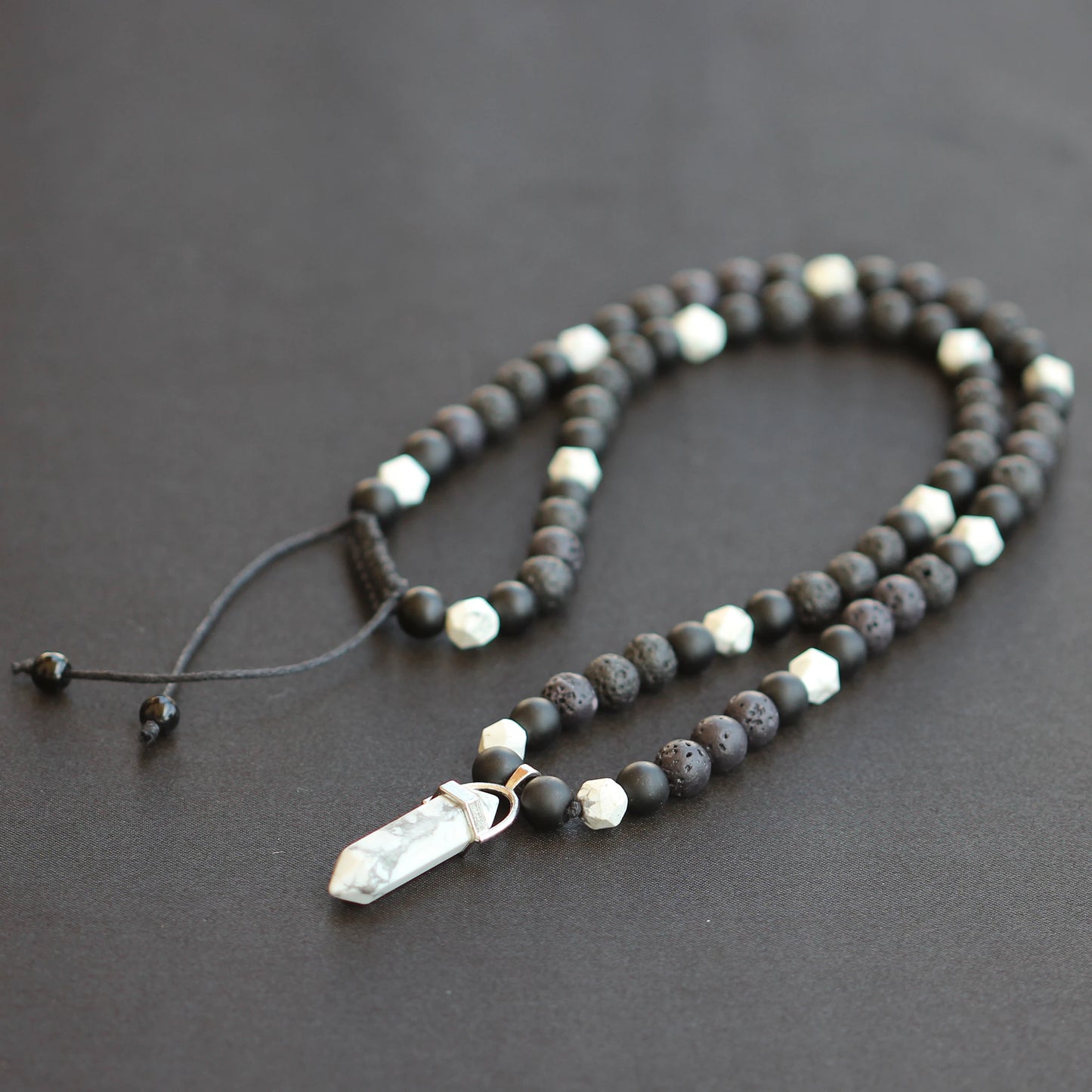 Natural Howlite Pointed Pendant, Howlite & Black Onyx & Lava Stone Beaded Macrame Necklace - ElisaJewelryArt