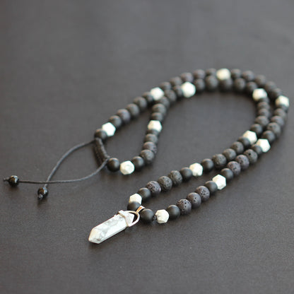 Natural Howlite Pointed Pendant, Howlite & Black Onyx & Lava Stone Beaded Macrame Necklace - ElisaJewelryArt