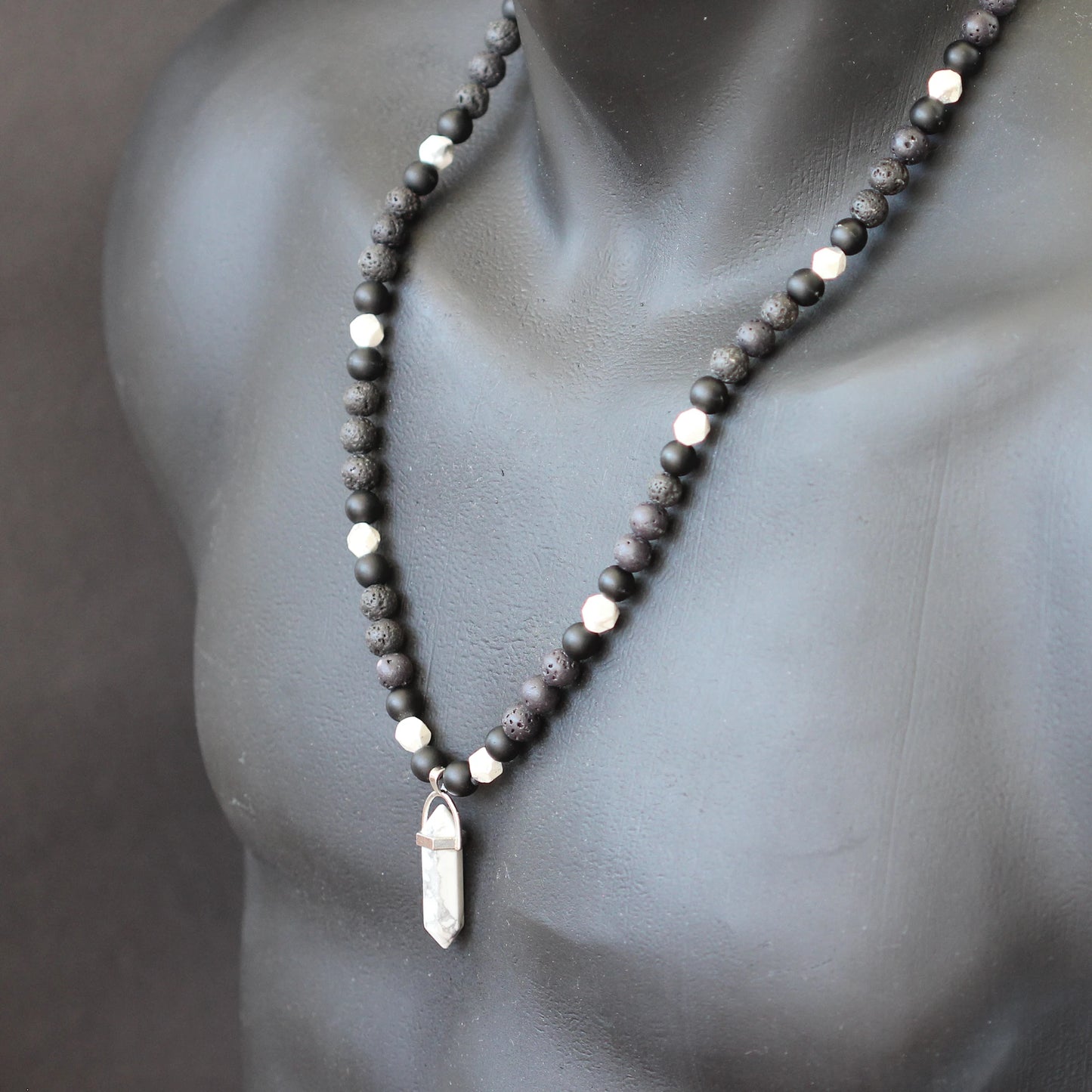 Natural Howlite Pointed Pendant, Howlite & Black Onyx & Lava Stone Beaded Macrame Necklace - ElisaJewelryArt