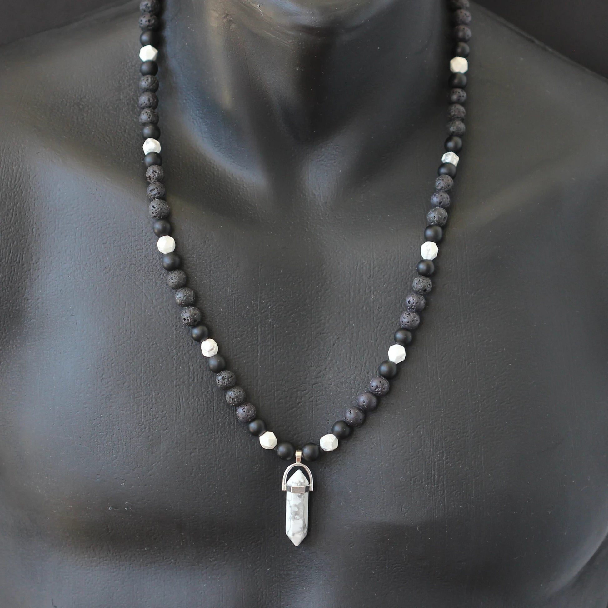 Natural Howlite Pointed Pendant, Howlite & Black Onyx & Lava Stone Beaded Macrame Necklace - ElisaJewelryArt