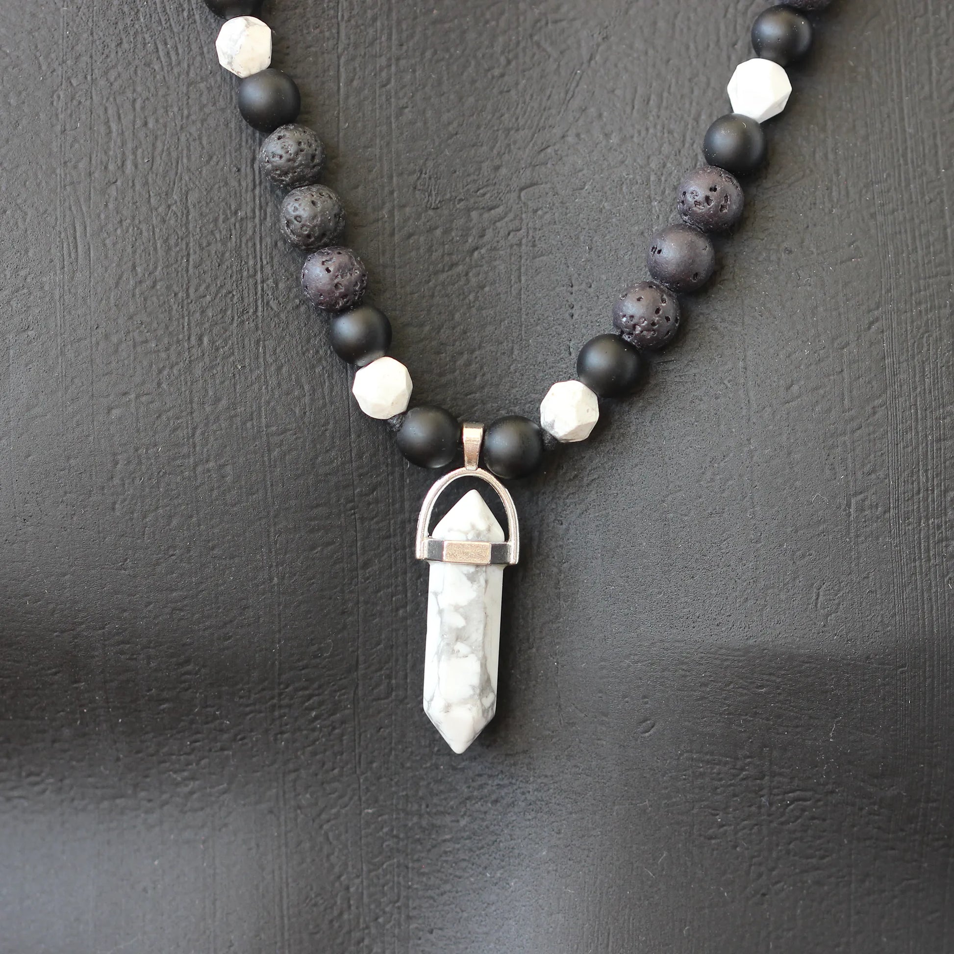 Natural Howlite Pointed Pendant, Howlite & Black Onyx & Lava Stone Beaded Macrame Necklace - ElisaJewelryArt