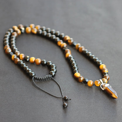 Natural Tiger Eye Pointed Pendant, Tiger Eye & Black Onyx Beaded Macrame Necklace - ElisaJewelryArt