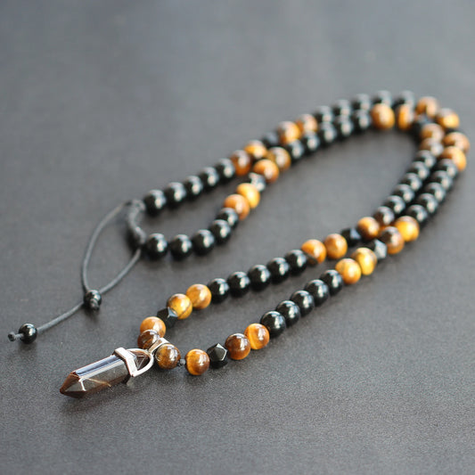 Natural Tiger Eye Pointed Pendant, Tiger Eye & Black Onyx Beaded Macrame Necklace - ElisaJewelryArt